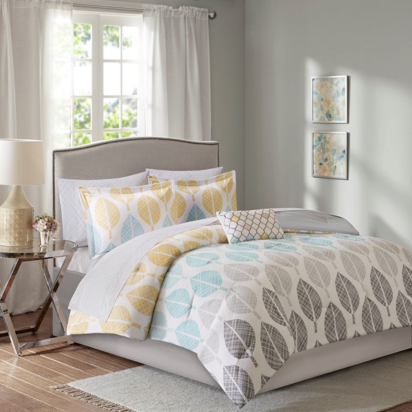 Madison Park Essentials Central Park Complete Comforter and Cotton Sheet Set in Yellow/Aqua, Queen MPE10-388