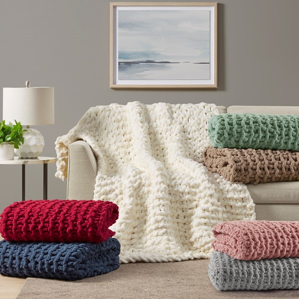 Madison Park Chenille Chunky Knit Throw in Red, 50x60" MP50-8237