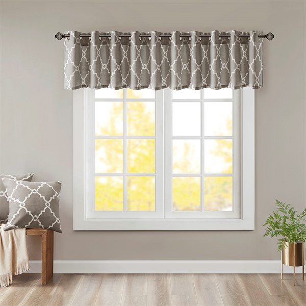 Madison Park Saratoga Fretwork Print Grommet Top Window Valance in Grey/White, 50x18" MP41-2020