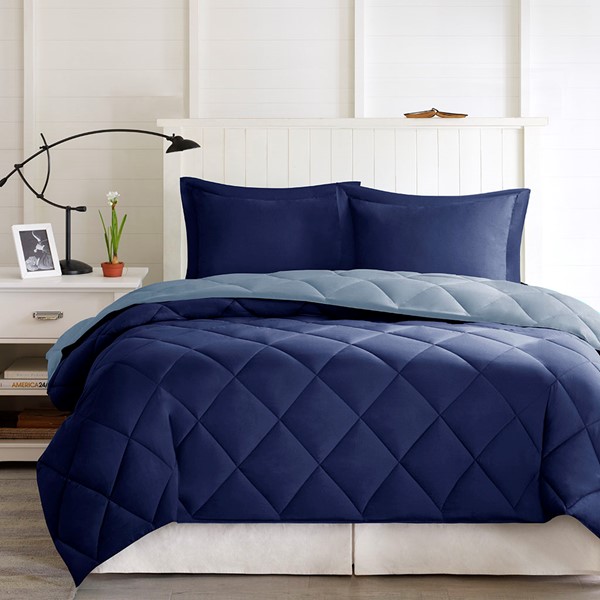 Madison Park Essentials Larkspur 3M Scotchgard Reversible Down Alt Comforter Set in Navy/Light Blue, Full/Queen BASI10-0199