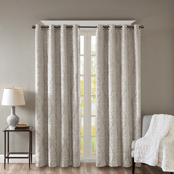 SunSmart Mirage Knitted Jacquard Damask Total Blackout Grommet Top Curtain Panel in Silver, 50x108" SS40-0018