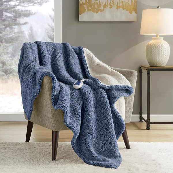 True North by Sleep Philosophy Marbled Sherpa Heated Throw in Blue, 50x60" TN54-0509