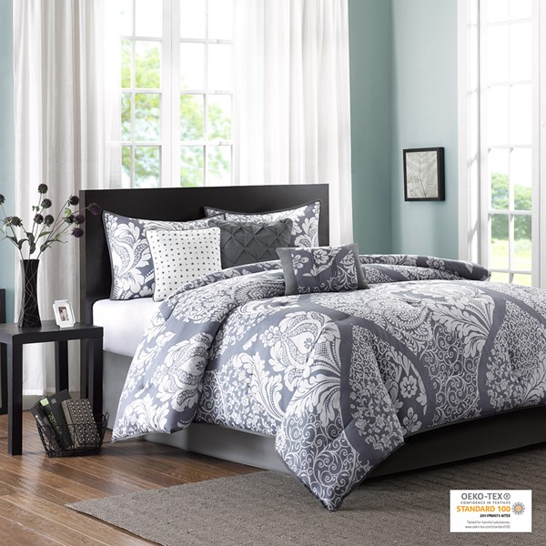 Madison Park Vienna 7 Piece Cotton Printed Comforter Set in Grey, Queen MP10-501