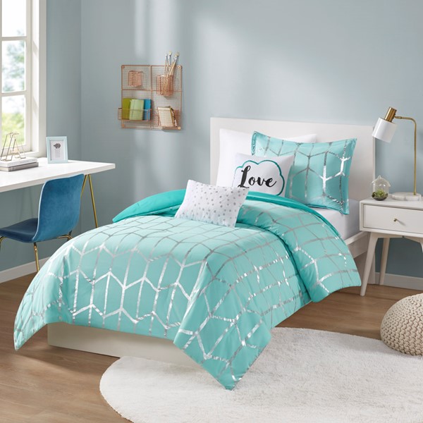 Intelligent Design Raina Metallic Printed Comforter Set in Aqua/Silver, Twin/Twin XL ID10-1240