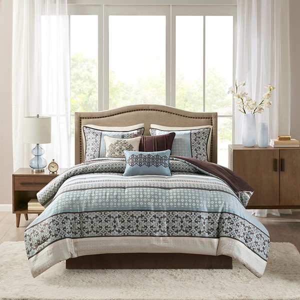 Madison Park Princeton 7 Piece Jacquard Comforter Set in Blue, Queen MP10-694