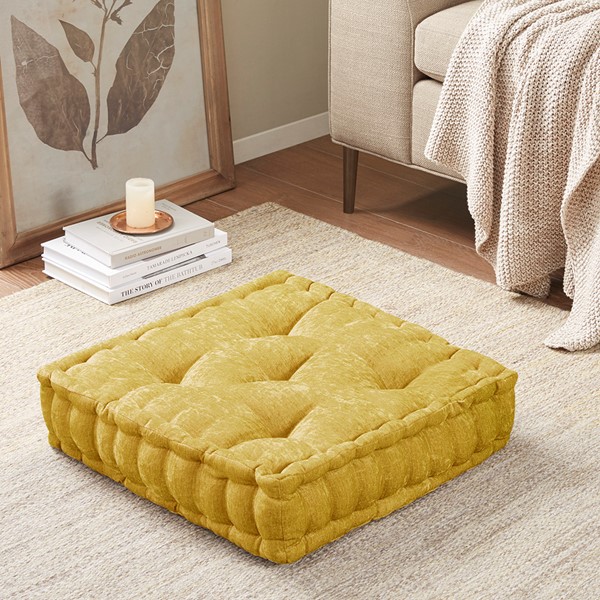 Intelligent Design Azza Poly Chenille Square Floor Pillow Cushion in Yellow, 20x20" ID31-2293