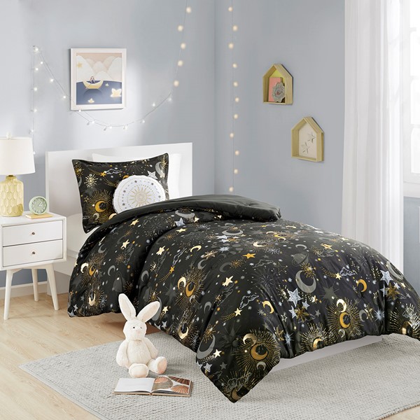 Mi Zone Kids Celia Starry Sky Metallic Comforter Set with Throw Pillow in Charcoal/Gold, Full/Queen MZK10-272