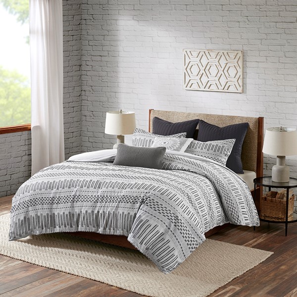 INK+IVY Rhea Cotton Jacquard Duvet Cover Mini Set in Grey/Black, King/Cal King II12-1103