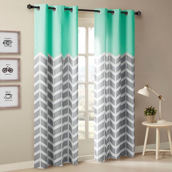 Intelligent Design Alex Chevron Printed Room Darkening Grommet Top Panel Pair in Aqua, 42x84" ID40-555