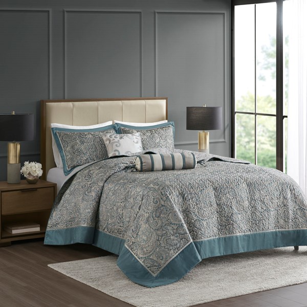 Madison Park Aubrey 5 Piece Jacquard Bedspread Set with Throw Pillows in Teal, Queen MP13-8314