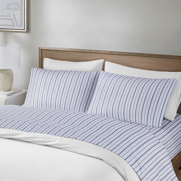 Madison Park Essentials 200 Thread Count Printed Cotton Sheet Set in Blue Stripe, Full MPE20-1012