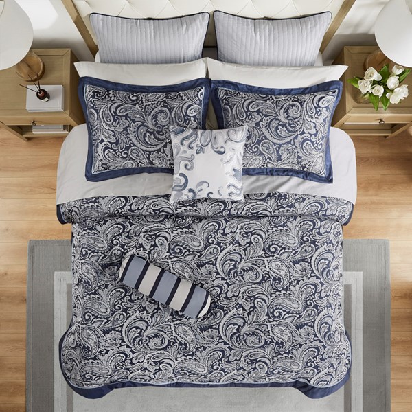 Madison Park Aubrey 12 Piece Comforter Set with Cotton Bed Sheets in Navy, Queen MP10-4695