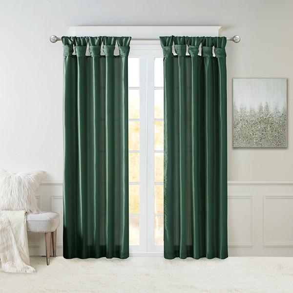 Madison Park Emilia 100% Polyester Solid Faux Silk Lined Twist Tab Window Curtain in Green, 50x84" MP40-8333