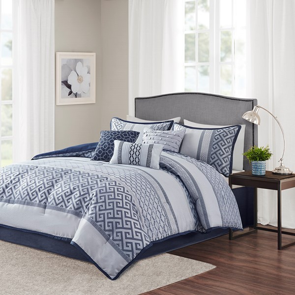 Madison Park Bennett 7 Piece Jacquard Comforter Set in Navy, Queen MP10-7392