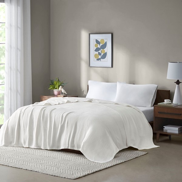 Madison Park Freshspun Basketweave Cotton Blanket in Cream, Full/Queen BL51N-0846