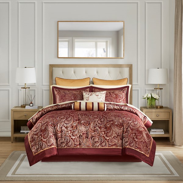 Madison Park Aubrey 12 Piece Comforter Set with Cotton Bed Sheets in Red, King MP10-320