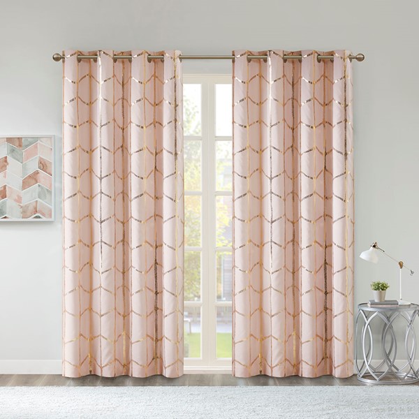 Intelligent Design Raina Total Blackout Metallic Print Grommet Top Curtain Panel in Blush/Gold, 50x63" ID40-1616