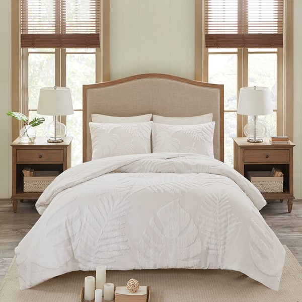 Madison Park Bahari 3 Piece Tufted Cotton Chenille Palm Duvet Cover Set in Off-White, Full/Queen MP12-6223