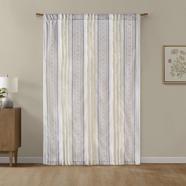 Madison Park Samara Poly Printed Curtain Panel with Tufted Stripe and Lining in White/Brown, 50x84" MP40-8460