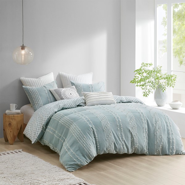 INK+IVY Kara 3 Piece Cotton Jacquard Duvet Cover Set in Aqua, King/Cal King II12-1107