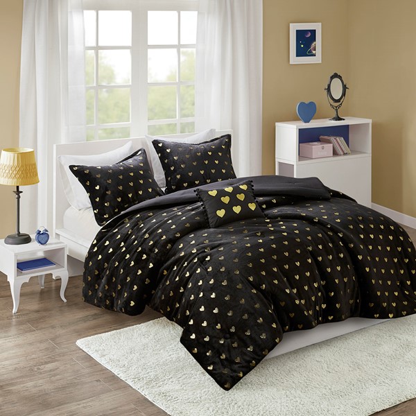 Mi Zone Rosalie Metallic Printed Plush Comforter Set with Throw Pillow in Black/Gold, Full/Queen MZ10-0653