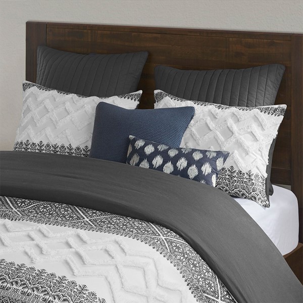 INK+IVY Mila 3 Piece Cotton Duvet Cover Set with Chenille Tufting in Gray, Full/Queen II12-1250