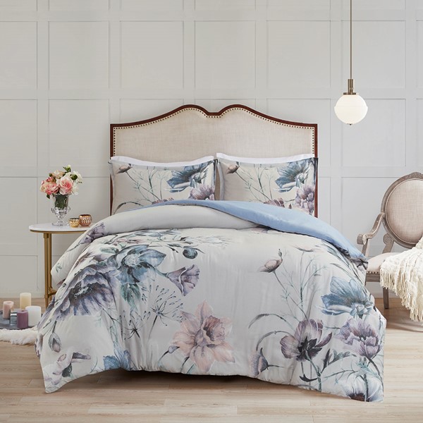 Madison Park Cassandra 3 Piece Cotton Printed Duvet Cover Set in Blue, King/Cal King MP12-7838