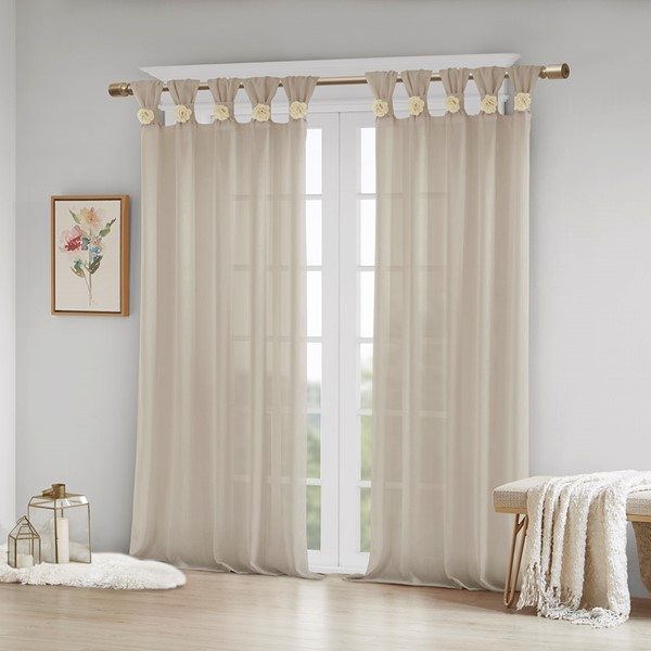 Madison Park Rosette Floral Embellished Cuff Tab Top Solid Curtain Panel in Linen, 50x84" MP40-6830