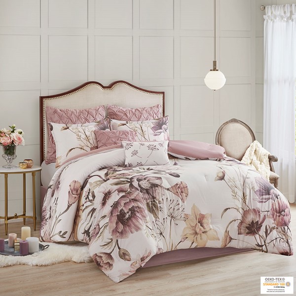 Madison Park Cassandra 8 Piece Cotton Printed Comforter Set in Blush, Cal King MP10-6166