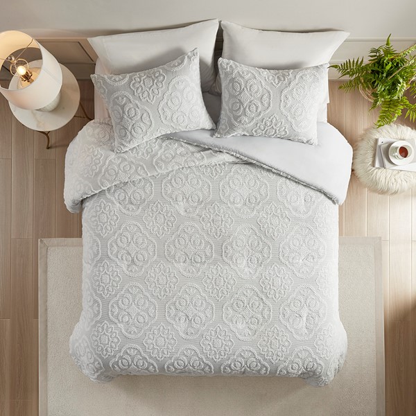 Madison Park Everly 3 Piece Tufted Woven Medallion Duvet Cover Set in Grey/White, Full/Queen MP12-8305