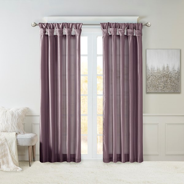 Madison Park Emilia 100% Polyester Solid Faux Silk Lined Twist Tab Window Curtain in Purple, 50x108" MP40-3554