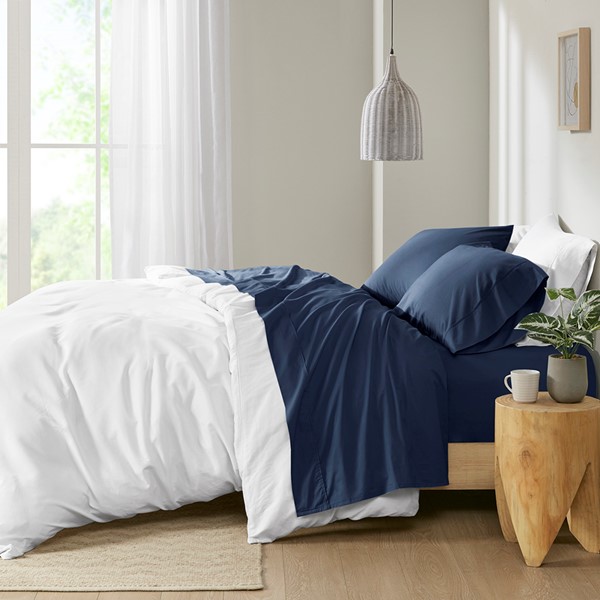 Madison Park 200 Thread Count Relaxed Cotton Percale Sheet Set in Navy, Full MP20-6640