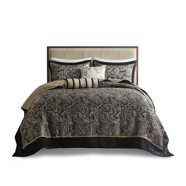 Madison Park Aubrey 5 Piece Jacquard Bedspread Set with Throw Pillows in Black, King MP13-7961