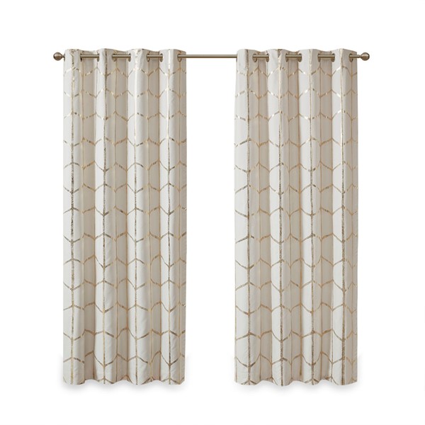 Intelligent Design Raina Total Blackout Metallic Print Grommet Top Curtain Panel in Ivory/Gold, 50x63" ID40-1615