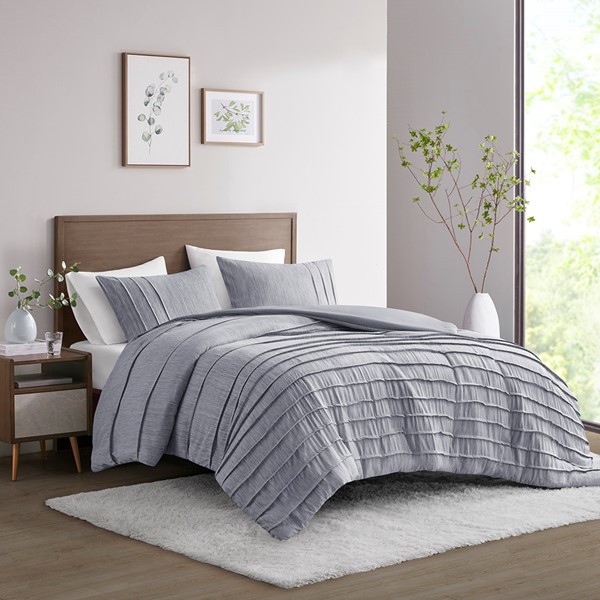 Beautyrest Maddox Striated Cationic Dyed Oversized Duvet Cover Set with Pleats in Blue, King/Cal King BR12-3867