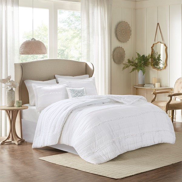 Madison Park Celeste 5 Piece Microfiber Ruffled Comforter Set in White, Cal King MP10-2529