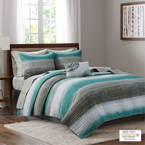 Madison Park Essentials Saben Quilt Set with Cotton Bed Sheets in Aqua, Cal King MPE13-808