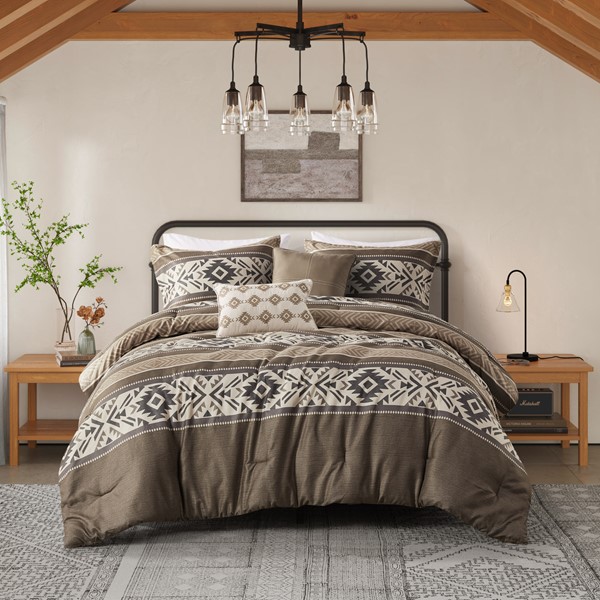 Madison Park Mariposa 5 Piece Stripe Herringbone Comforter Set with Throw Pillows in Brown, Full/Queen MP10-8464