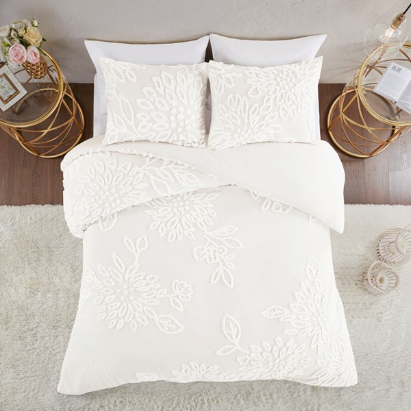 Madison Park Veronica 3 Piece Tufted Cotton Chenille Floral Duvet Cover Set in Off-White, King/Cal King MP12-7826