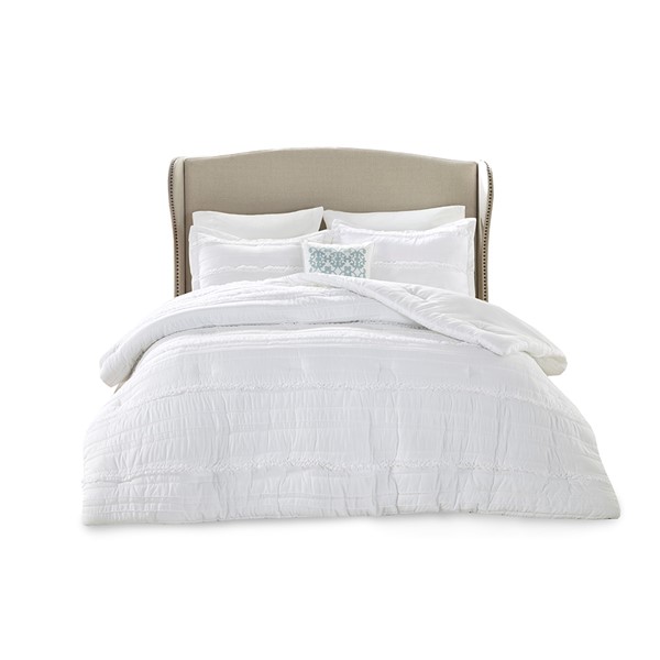 Madison Park Celeste 5 Piece Microfiber Ruffled Comforter Set in White, Cal King MP10-2529