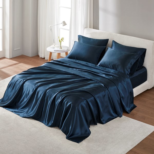 Madison Park Essentials Satin Luxury Sheet Set in Midnight Blue, Full MPE20-1138