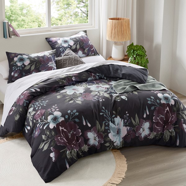 Madison Park Jolene 3 Piece Cotton Duvet Cover Set in Dark Grey/Plum, King/Cal King MP12-8493