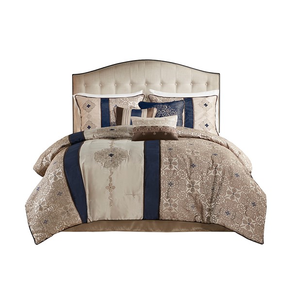 Madison Park Donovan 7 Piece Jacquard Comforter Set with Throw Pillows in Navy, King MP10-4345