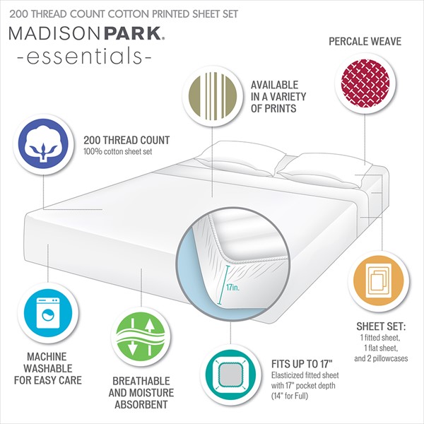 Madison Park Essentials 200 Thread Count Printed Cotton Sheet Set in Blue Palmetto, Full MPE20-1041