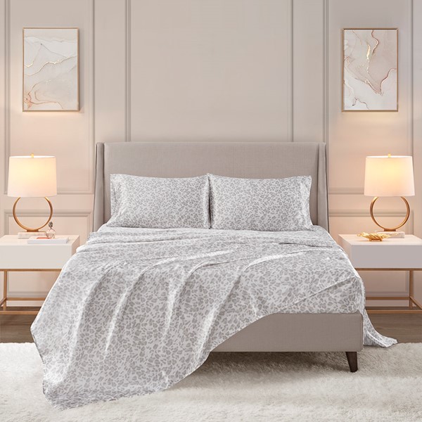 Madison Park Essentials Printed Satin Sheet Set in Gray Leopard, Full MPE20-1000