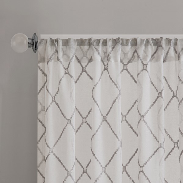 Madison Park Irina Diamond Sheer Window Curtain Panel in White/Grey, 50x95" MP40-2331