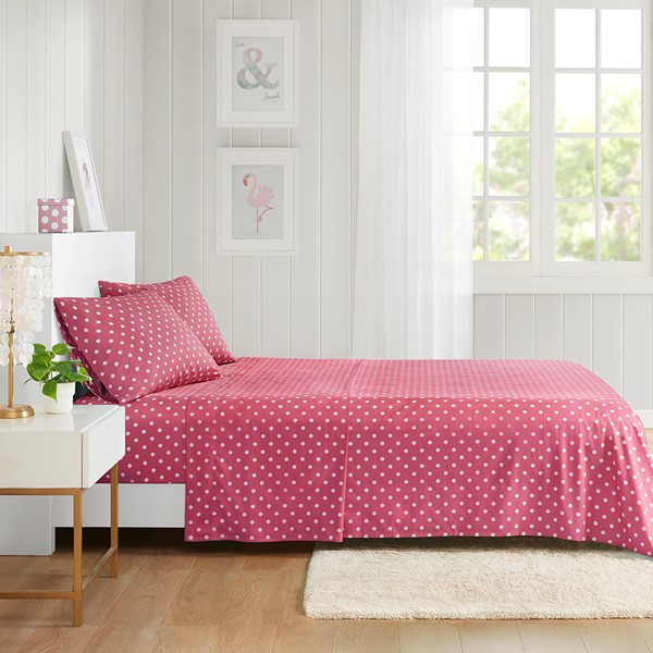 Mi Zone Polka Dot Printed 100% Cotton Sheet Set in Dark Pink, Queen MZ20-501