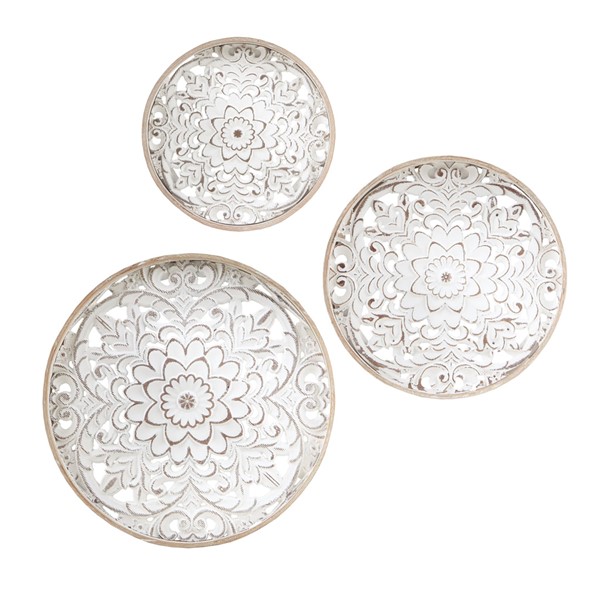 Madison Park Medallion Trio Distressed White Floral 3-piece Carved Wood Wall Decor Set in Natural/White MP95B-0257