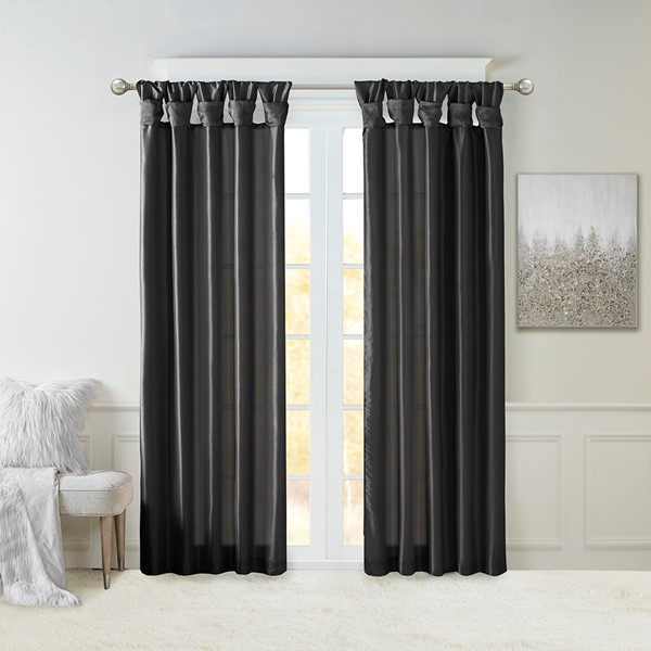 Madison Park Emilia 100% Polyester Solid Faux Silk Lined Twist Tab Window Curtain in Black, 50x95" MP40-8330