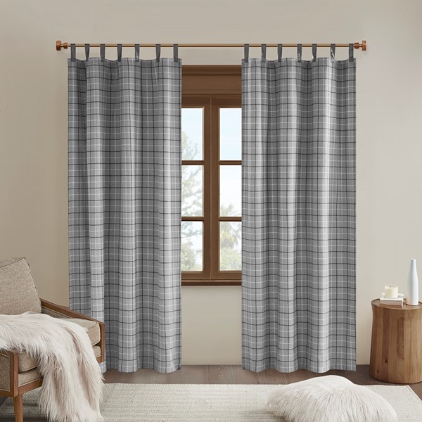 Madison Park Anaheim Plaid Faux Leather Tab Top Curtain Panel with Fleece Lining in Grey, 50x84" MP40-8276